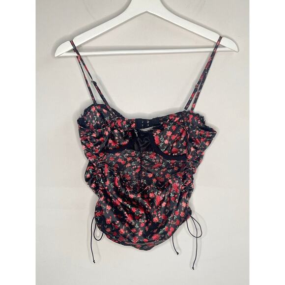 For Love & Lemons Melrose Floral Print Bustier Crop Tank Black/Pink Womens Small - Picture 9 of 11